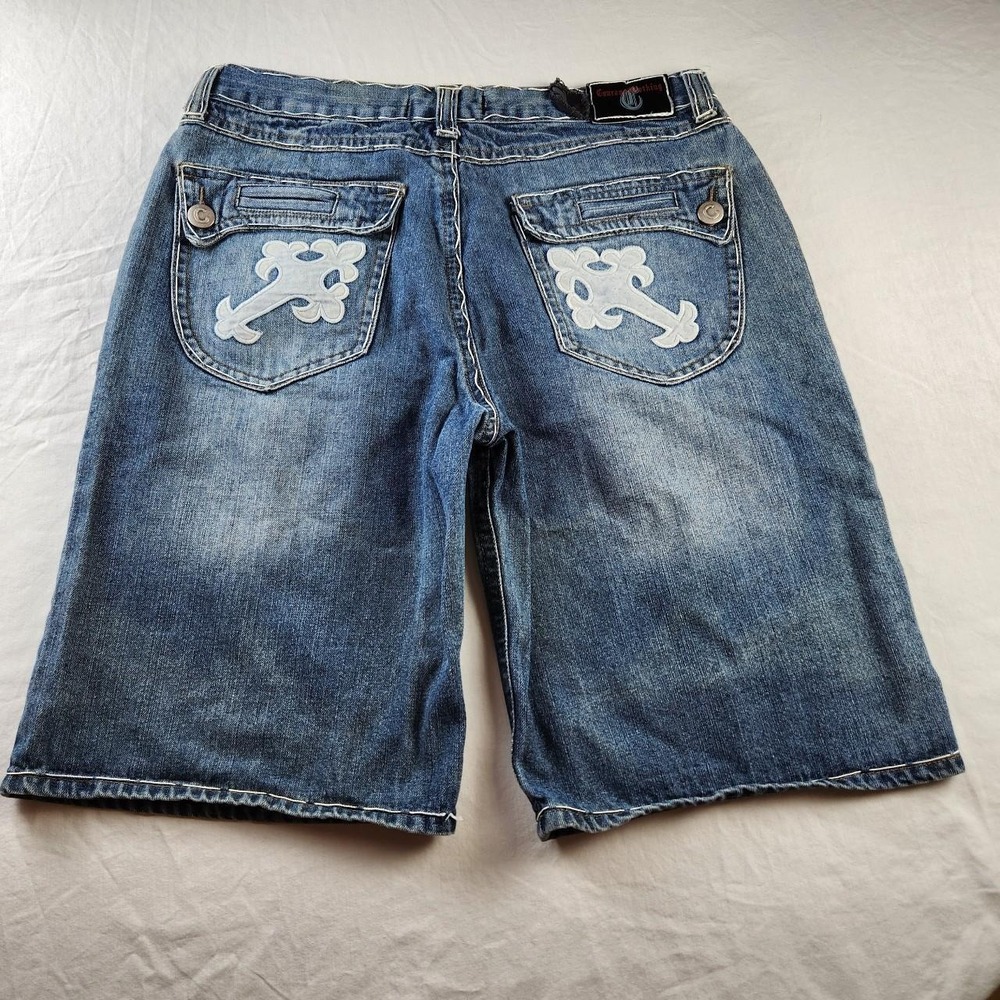 Courage Clothing Mens Blue Denim Jorts Cross Embroidery Paint Splatter Size 38